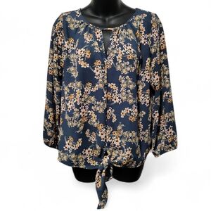 West Kei Blue Floral Sheer Tie-Front Blouse Small